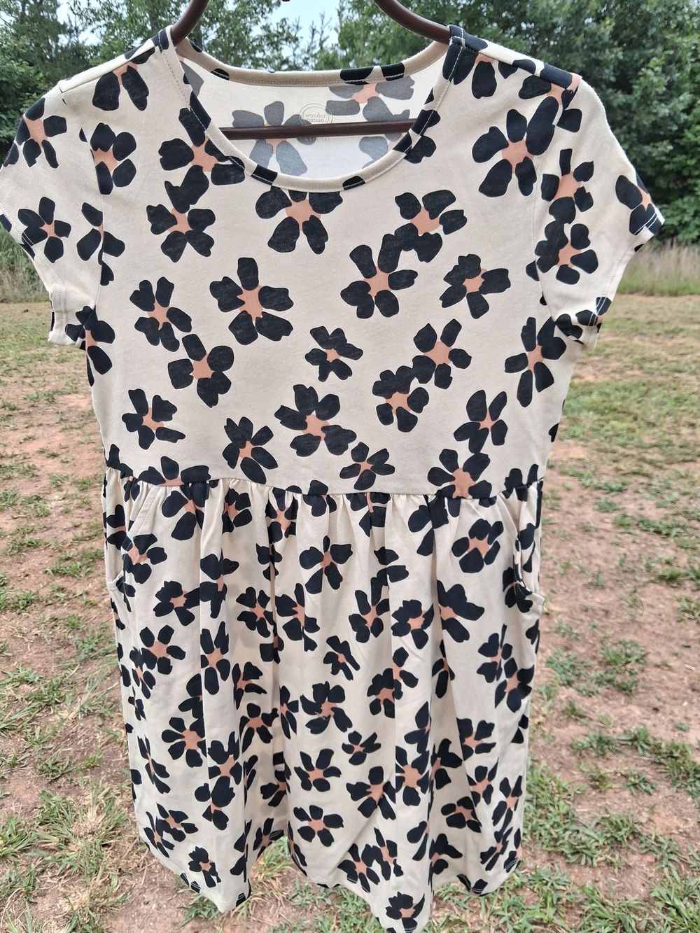 Cream Floral Print Short Sleeve Dress Girls Size L (10-12) Plus
